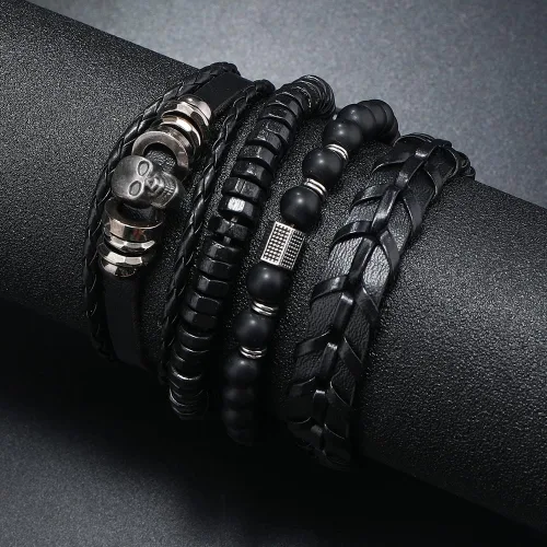 Vista 4 de Punk Leather Bracelet for Men Women Leather 8-10 PCS Braided Cuff Bracelet Multilayer Leather Bracelet A-01