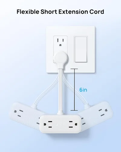 Vista 6 de TROND Extensor de toma con cable de 6 pulgadas, adaptador de enchufe plano con 4 tomas eléctricas y 4 puertos USB, para montaje en pared, toma
