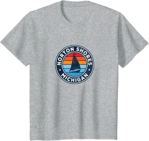 Vista 4 de Norton Shores Michigan MI Vintage Sailboat Retro 70s Camiseta, Gris