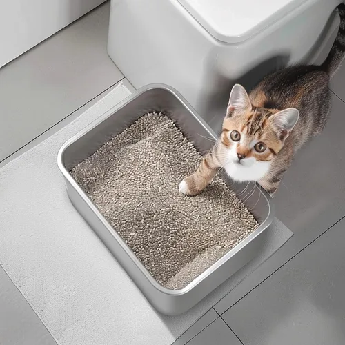 Vista 5 de Caja de arena de acero inoxidable para gatos grandes, acero inoxidable pequeño, caja de arena de metal grande para gatos, fácil de limpiar.