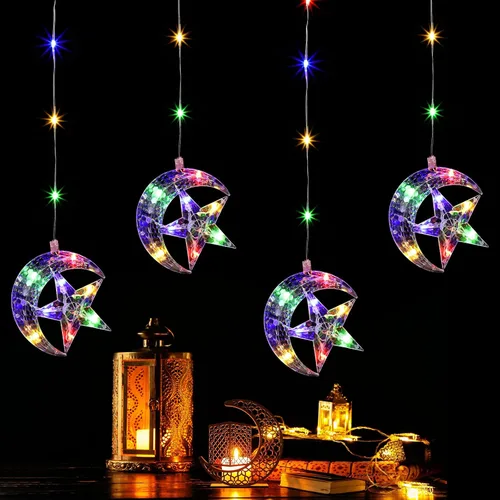 Vista 2 de Geelin Decoraciones de Ramadán para el hogar, tira de luces LED Eid para ventana, 3 pies, 4 pilas de luna y estrella y luces de Ramadán alimentadas
