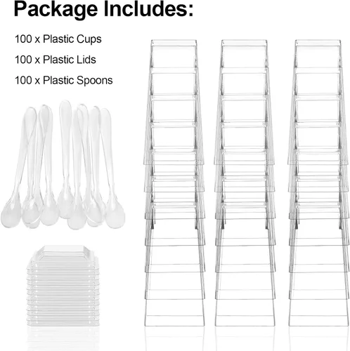 Vista 3 de EASERCY Paquete de 100 mini tazas de postre de 3 onzas con tapas y cucharas, tazas transparentes para postres con cucharas, tazas de parfait