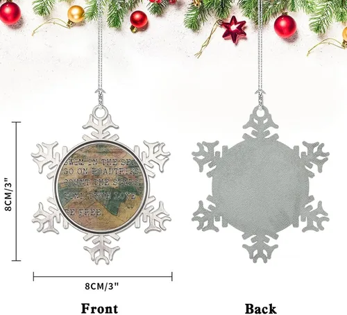 Vista 3 de Adorno de Navidad con mapa del mundo retro, Nadar en el mar, ir en viajes por carretera, adornos de metal de copo de nieve para árbol de Navidad