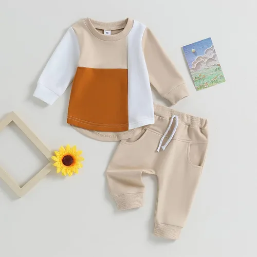 Vista 2 de FYBITBO Conjunto de sudadera de manga larga con bloques de color y pantalones de algodón para bebé niño