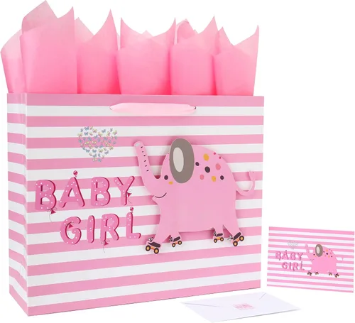 Vista 7 de wishinside Juego de bolsa de regalo rosa grande de 13 pulgadas con tarjeta de felicitación y papel de seda (elefante 3D) para bebé, baby shower