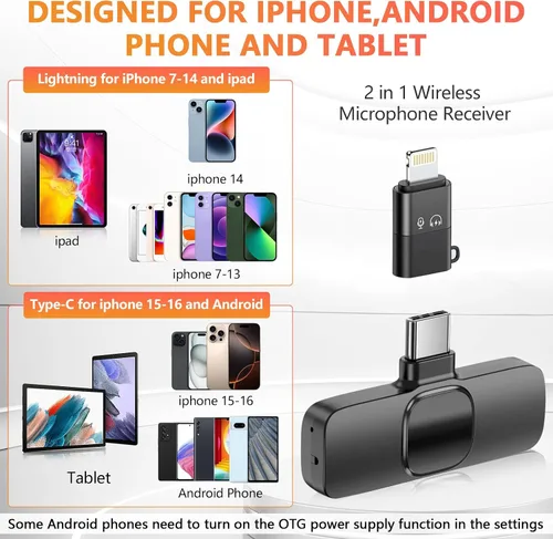 Vista 2 de Micrófono inalámbrico para iPhone, teléfono Android, portátil, paquete de 2 micrófonos Lavalier para grabación de video, micrófonos mini