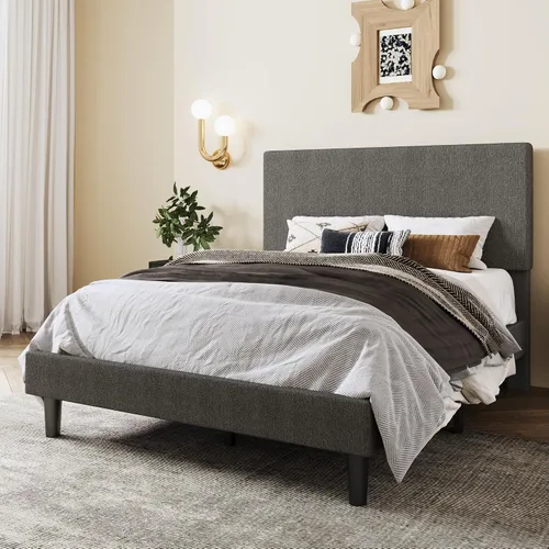 Vista 8 de SHA CERLIN - Base de cama con plataforma de tamaño completo con cabecera ajustable y soporte de listones de madera, base de colchón tapizada