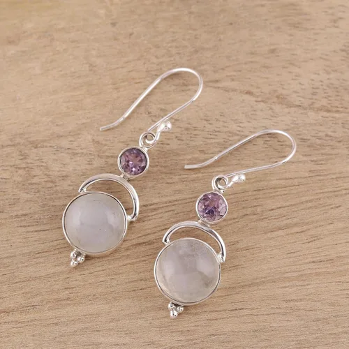 Vista 3 de NOVICA Aretes colgantes hechos a mano de plata de ley 925 con piedra lunar arcoíris y amatista, piedra natal india transparente púrpura 1.7 pulgadas