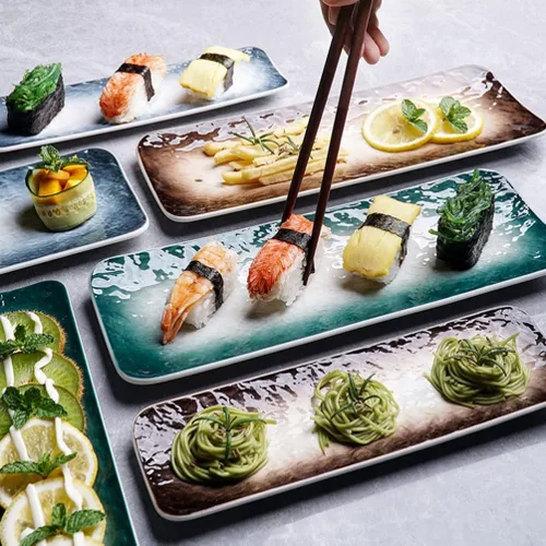 Vista 8 de CALLARON Plato de sushi de cerámica, 2 platos de porcelana para servir platos, bandeja rectangular de postres, bandeja de exhibición de postres