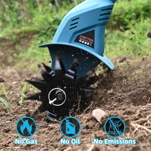 Vista 5 de Cultivador de suelo sin cable de 21 V, cultivador de jardín de 8 pulgadas de ancho con batería de 4.0 Ah, cultivador con dientes de acero y pantalla