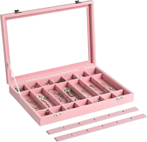 Vista 4 de Frebeauty Bandeja de terciopelo para joyas, organizador de joyas de 35 rejillas con tapa transparente, organizador de aretes con cierre de cajón