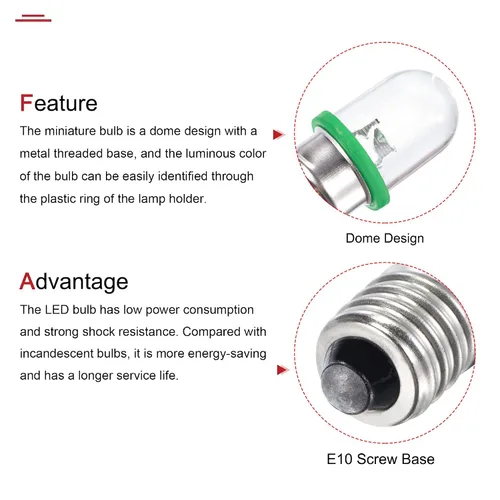 Vista 4 de MECCANIXITY Bombilla LED E10 con base de tornillo DC 3V 0.25W Round Top Mini Spot Light con caja de almacenamiento, color verde, paquete de 10