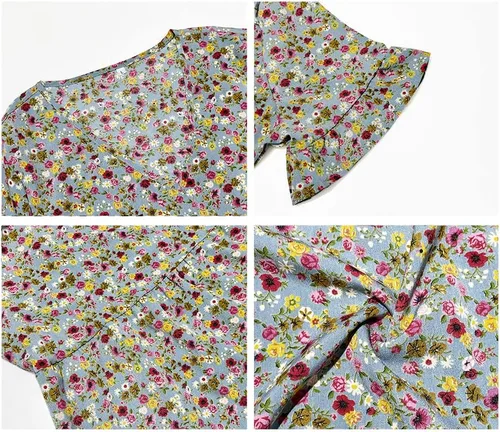 Vista 6 de Vaiaye Vestido bohemio floral de manga corta para mujer, vestido de verano casual, cuello en V, acampanado, bohemio, maxi vestidos