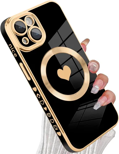 Vista 16 de tharlet Funda Magnética para iPhone 11 [Compatible con Magsafe] Lindo Corazón de Amor de Lujo Chapado Borde Dorado Parachoques con Lente de Cámara
