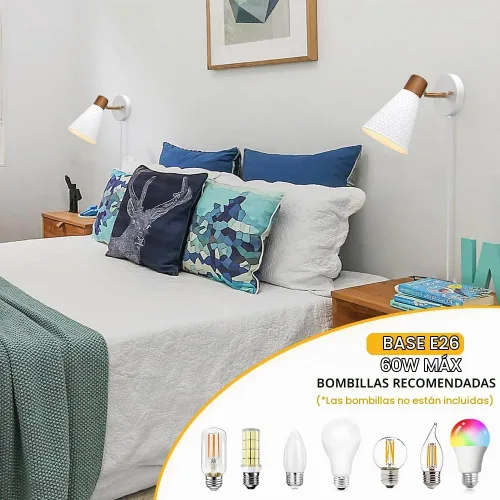 Vista 5 de Juego de 2 apliques de pared blancos enchufables, lámpara de pared moderna con cable de enchufe, aplique de madera con pantalla de metal martillado