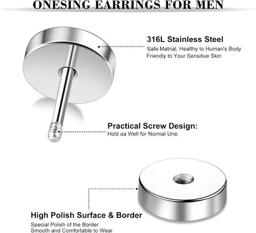 Vista 3 de ONESING 12 pares de aretes falsos de calibre para hombres, acero inoxidable, aretes de aro para hombres, aretes redondos, con calibres falsos