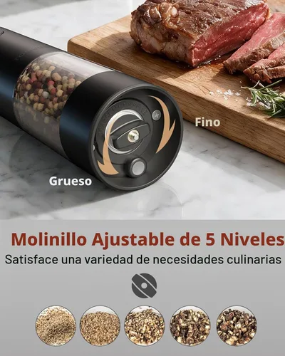 Vista 3 de TOMEEM Juego de molinillo eléctrico recargable de sal y pimienta de mayor Molinillo de pimienta automático de acero inoxidable de 3.7 fl oz con 5