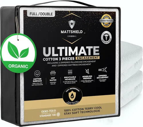 Vista 14 de MATTSHIELD - Juego máximo de 3 piezas – Protector de colchón impermeable de rizo de algodón orgánico individual + 2 protectores de almohada