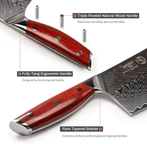 Vista 3 de YARENH Santoku - Cuchillo de chef de acero Damasco de 7 pulgadas, 67 capas, afilado de larga duración, resistente al óxido, cuchillo de cocina