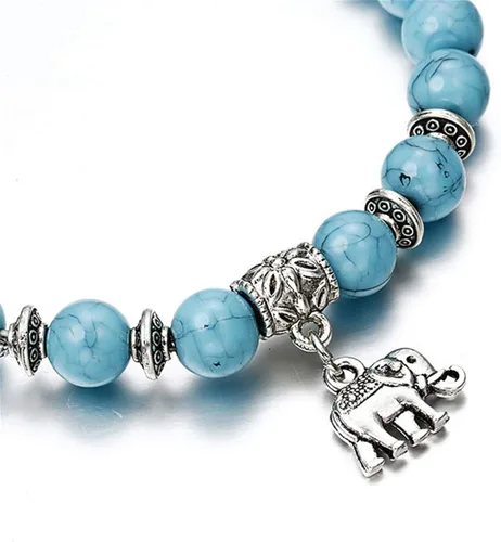 Vista 3 de ZALING - Pulsera elástica con cuentas de piedra natural cadena de turquesa sintética colgante de elefante para mujer
