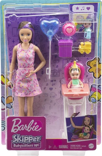 Vista 6 de Barbie Skipper Babysitter Inc - Juego de alimentación de cumpleaños con muñeca Skipper, muñeca de bebé que cambia de color, silla alta y accesorios