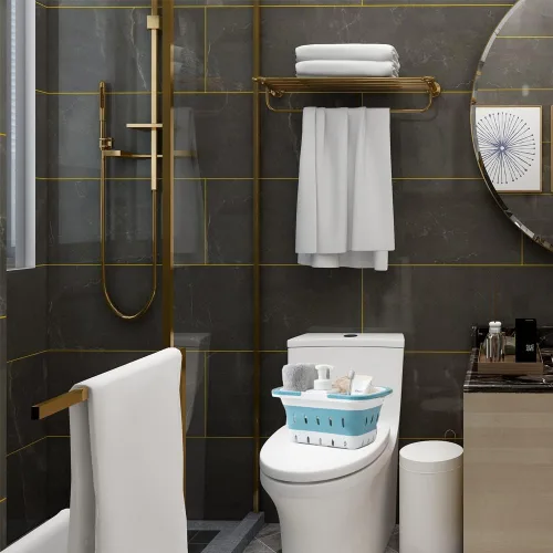 Vista 5 de Organizador de plástico para productos de suministros de limpieza, cesta plegable de almacenamiento con asas, organizador de caja para baño, cocina