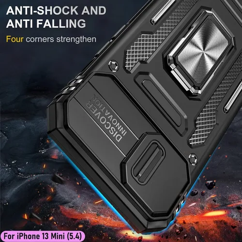 Vista 7 de Funda resistente para Apple iPhone 13 Mini, protección híbrida de goma de doble capa de grado militar con protector de cámara deslizante, soporte