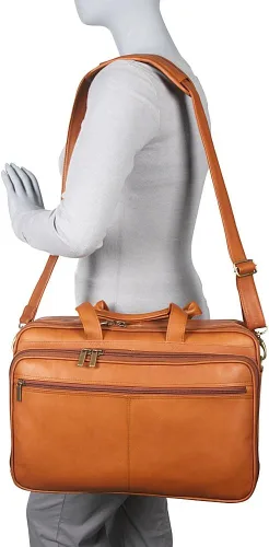 Vista 6 de Maletín de cuero con doble compartimento para portátil, cuero Vaquetta colombiano, Beige Bronceado, Antiguo
