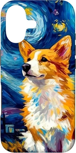 Vista 32 de Carcasa para iPhone 16 Welsh Corgi Dog Starry Night Van Gogh Welsh Corgi