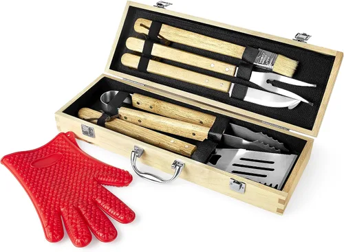 Vista 9 de Makerflo Juego de accesorios para parrilla de barbacoa, caja de herramientas de madera de arce, utensilios de acero inoxidable con guantes, kit