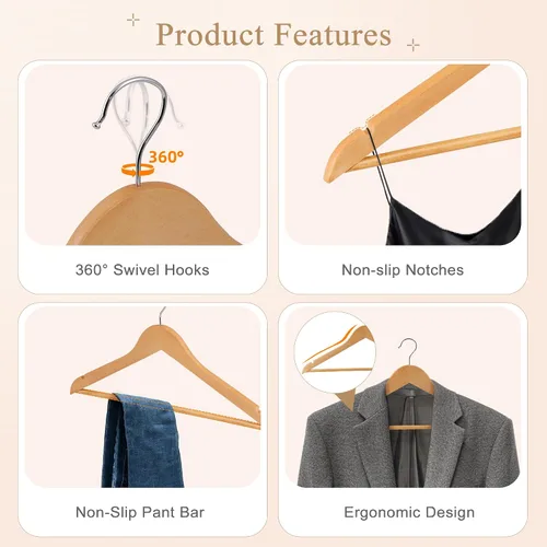 Vista 5 de ZENY Perchas de Madera Premium Paquete de 50, Perchas para Abrigos con Gancho Giratorio de 360 Grados, Perchas para Ropa para Trajes, Camisas