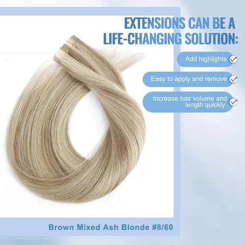 Vista 2 de Sixstarhair Extensiones de cabello con cinta adhesiva, color marrón claro, mezclado con rubio ceniza, sin costuras, lacio, 18 pulgadas, 1.76 onzas