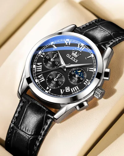 Vista 2 de OLEVS Reloj para hombre cuero marrón moda cronógrafo reloj luminoso impermeable casual relojes de pulsera