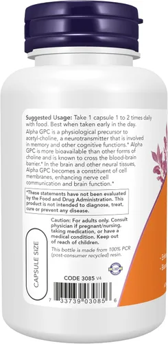 Vista 3 de Suplementos AHORA, Alpha GPC 300 mg con fuente biodisponible de colina, 60 cápsulas vegetales
