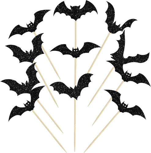 Vista 20 de Ephlyn 24 adornos negros para tartas de Halloween con purpurina fantasma Negro Halloween