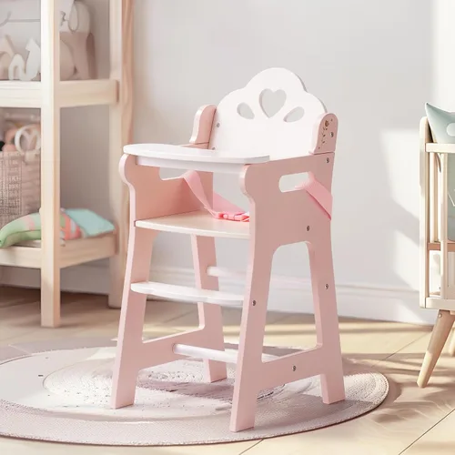 Vista 3 de ROBUD Silla alta de muñeca de bebé, silla alta de juego de simulación con cinturón de seguridad, accesorios de muñeca de madera rosa con mesa móvil
