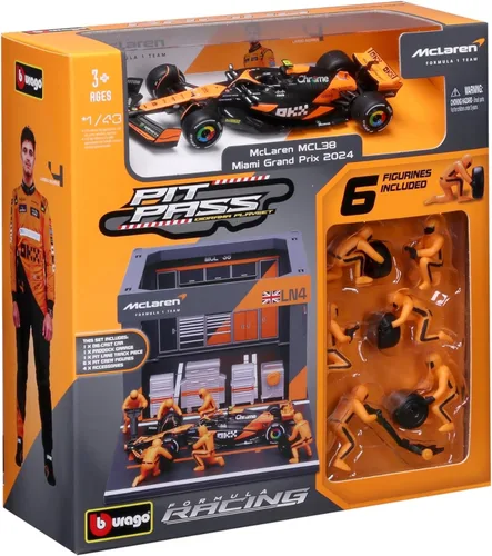 Vista 6 de Bburago 1:43 Escala 2024 Formula Race McLaren MCL38 Pit Pass Paddock Set, Norris #4