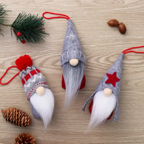 Vista 3 de D-FantiX Juego de 6 adornos de Navidad de gnomo, hechos a mano, gnomos suecos Tomte, adornos decorativos de felpa para colgar en el árbol