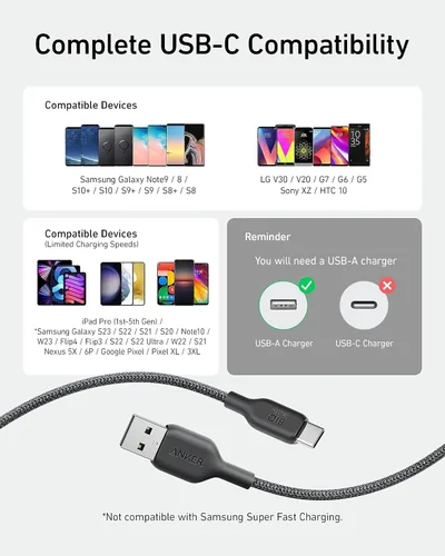 Vista 6 de Anker Cable de carga bio-Briaded, duradero USB A a USB C para Samsung Galaxy Note Series, LG V30 (paquete de 2, 6 pies, negro)