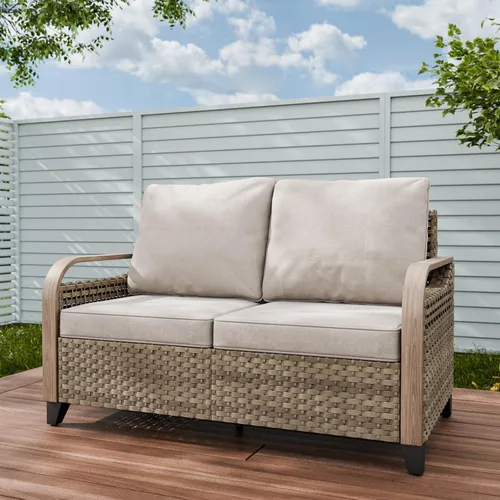 Vista 14 de Sofá de mimbre para patio, sofá para exteriores, 3 asientos Marrón/Gris