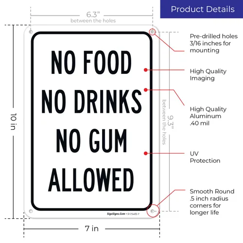 Vista 3 de Letrero de No Food No Drinks No Gum Allowed, 10 x 7 pulgadas, libre de óxido, aluminio 040, resistente a la decoloración, fabricado en Estados