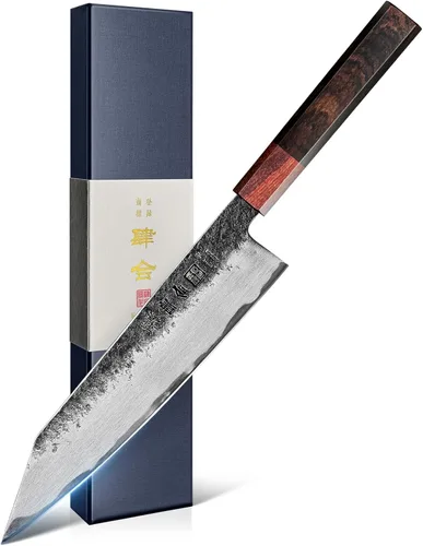 Vista 9 de kanngou Cuchillo Nakiri de chef japonés de 7 pulgadas, cuchillo de chef japonés AUS-8 de acero aleado vegetal con sándalo rojo y mango de madera