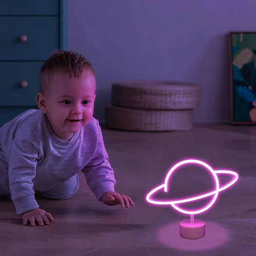 Vista 4 de ENUOLI Letreros de luz de neón de planeta rosa, luces de noche LED con pedestal, decoración de habitación, batería/operación USB, letreros de neón