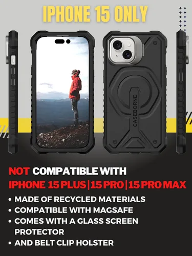 Vista 2 de CaseBorne Funda protectora compatible con iPhone 15, compatible con MagSafe, delgada pero resistente, con protector de pantalla de vidrio templado