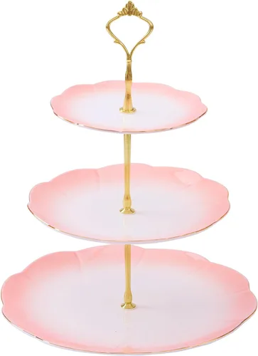 Vista 12 de DUJUST Lujo Soporte para Magdalenas de Porcelana de 3 Niveles en Forma de Torre, Bandeja de Servir de Estilo Británico con Borde Dorado, Soporte