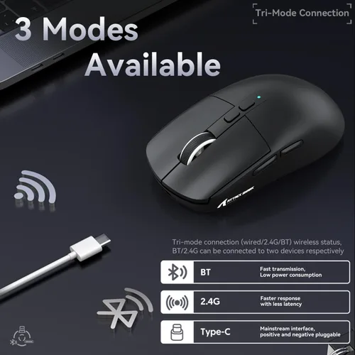 Vista 8 de ATTACK SHARK X6 - Mouse inalámbrico ligero para juegos con base de carga de retroiluminación RGB, cable trimodo/2.4GHz/BT5.2, 26K DPI, sensor óptico
