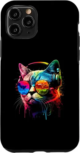 Vista 10 de Funda divertida para iPhone 15 DJ Cat con gafas de sol, auriculares y música
