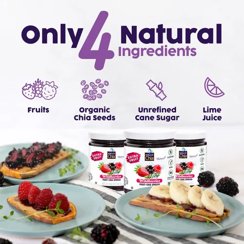 Vista 3 de World of Chia Extra Fruit Spread - Todo natural, sin gluten, vegano, bajo en azúcar, Omega 3, Kosher, fabricado en Estados Unidos, verificado sin