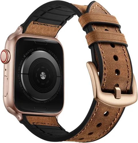 Vista 11 de OUHENG Correas de cuero compatibles con Apple Watch de 42mm 41mm 40mm 38mm, correa híbrida de cuero genuino y goma para iWatch Series 11 10 9 8 7 6