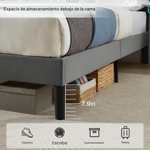 Vista 5 de VECELO Base de cama tamaño Queen tapizada con cabecera ajustable, plataforma de terciopelo con luces LED, estación de carga, base de colchón